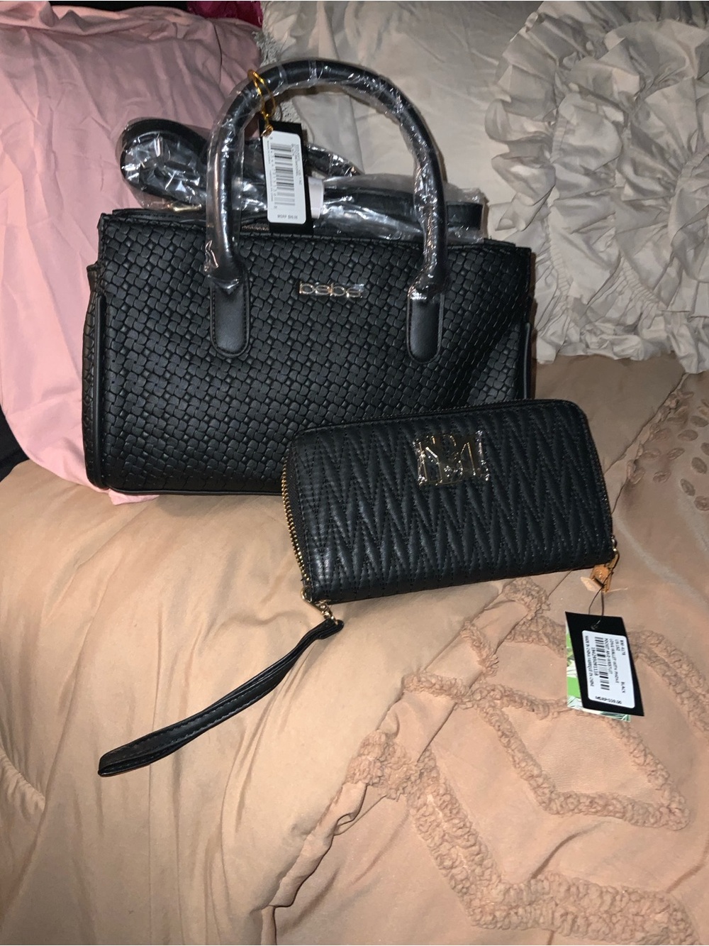 Black Women's Woven Satchel and Zip Wallet